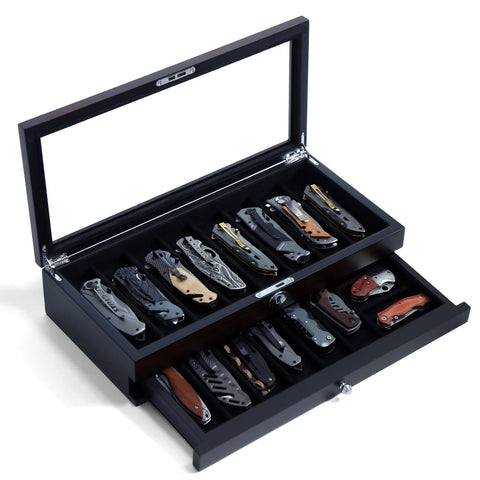 Bonaking ebony veneer knife display case with glass top showing blades