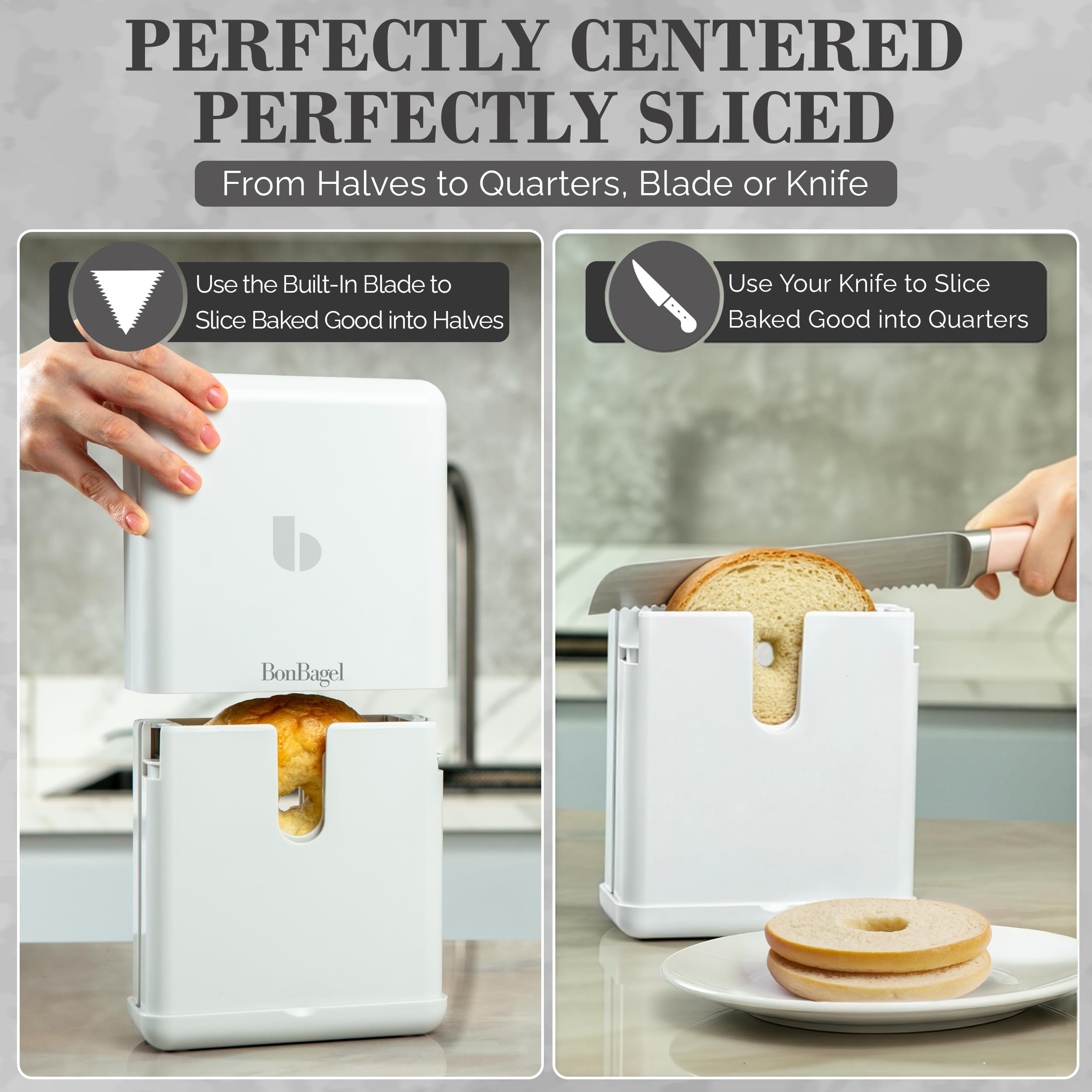 BonBagel in action showing auto-center holder for steady slicing.