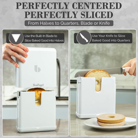 BonBagel in action showing auto-center holder for steady slicing.