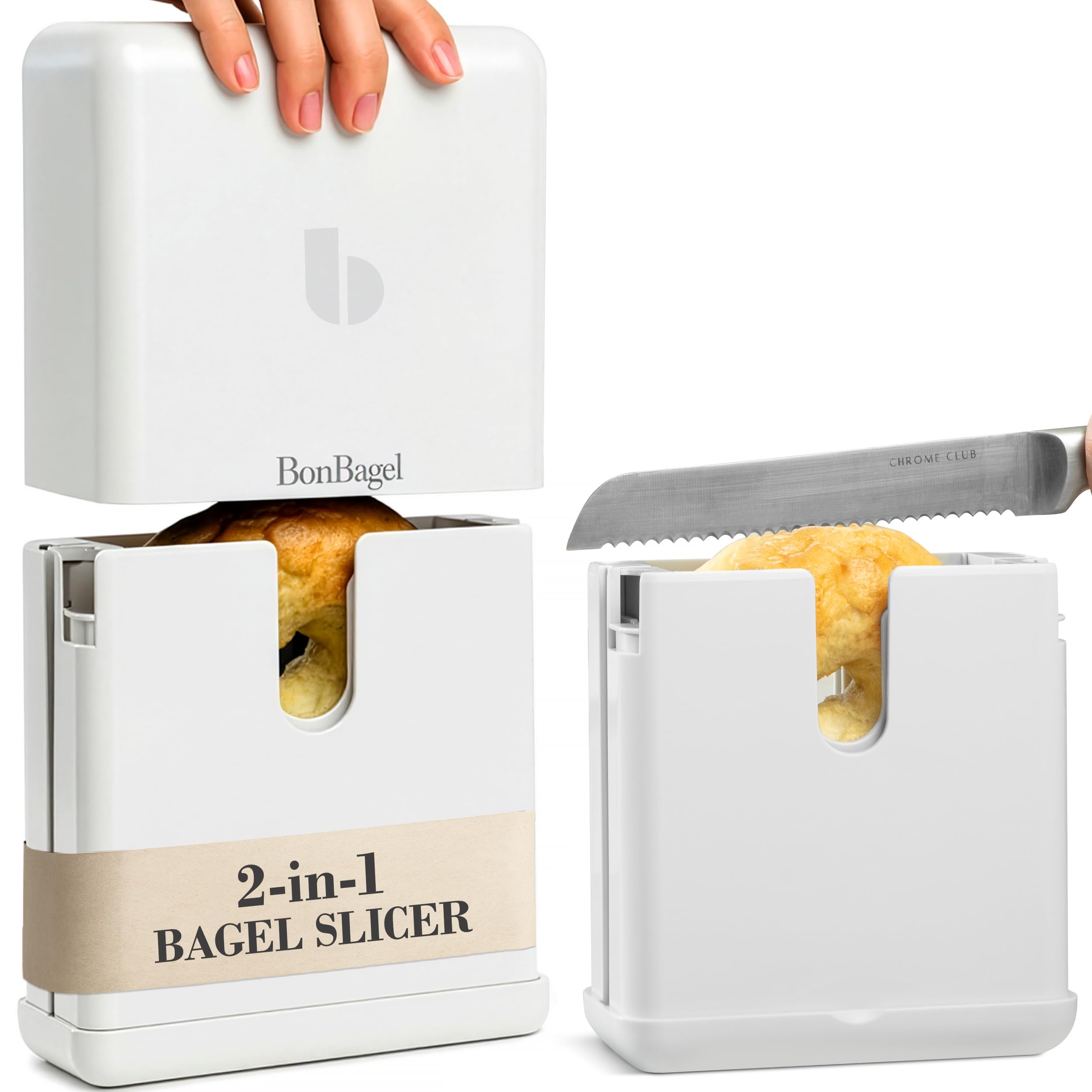 BonBagel bagel cutter with auto-center view enabling precise, even cuts.