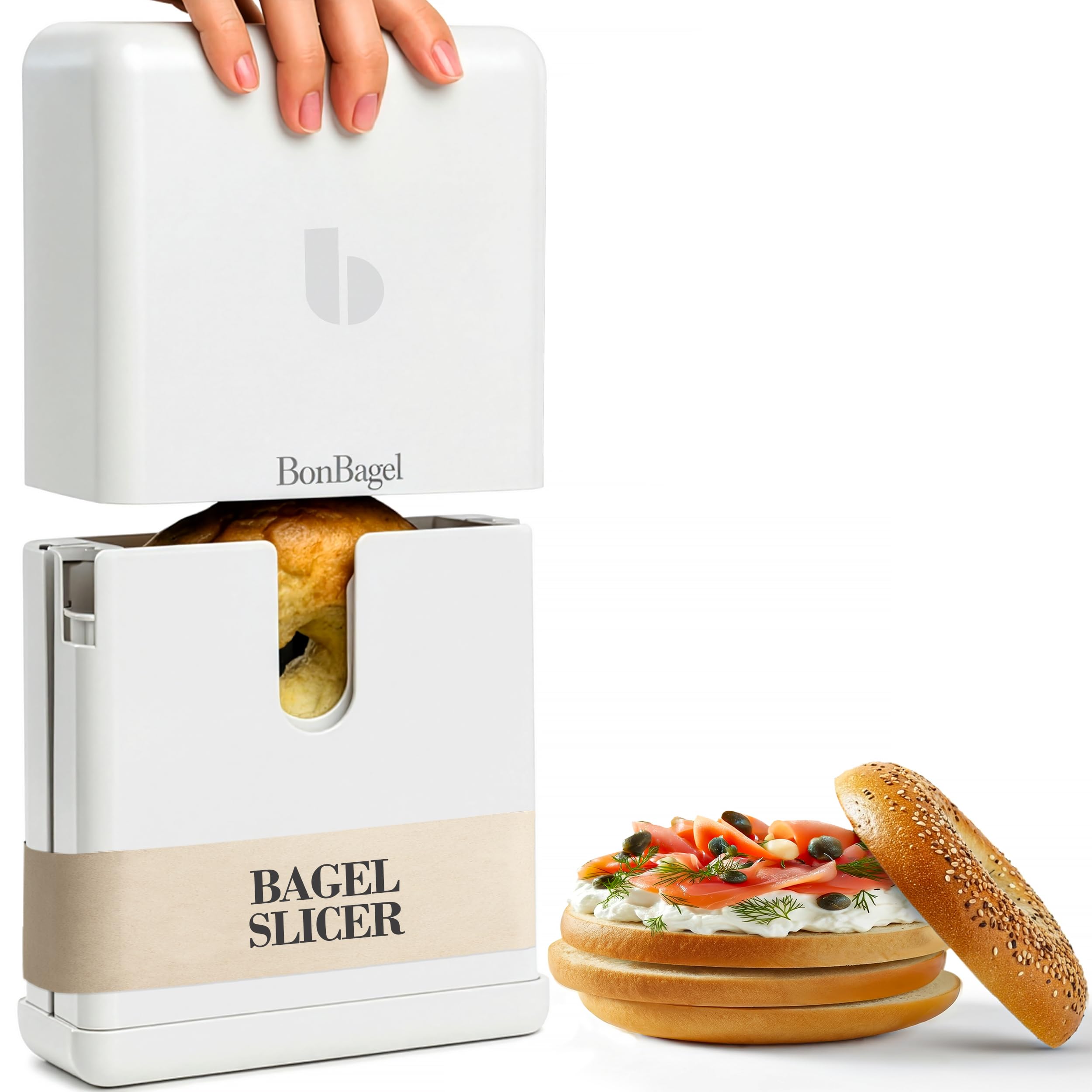 BonBagel helps achieve even halves when slicing bread and buns.