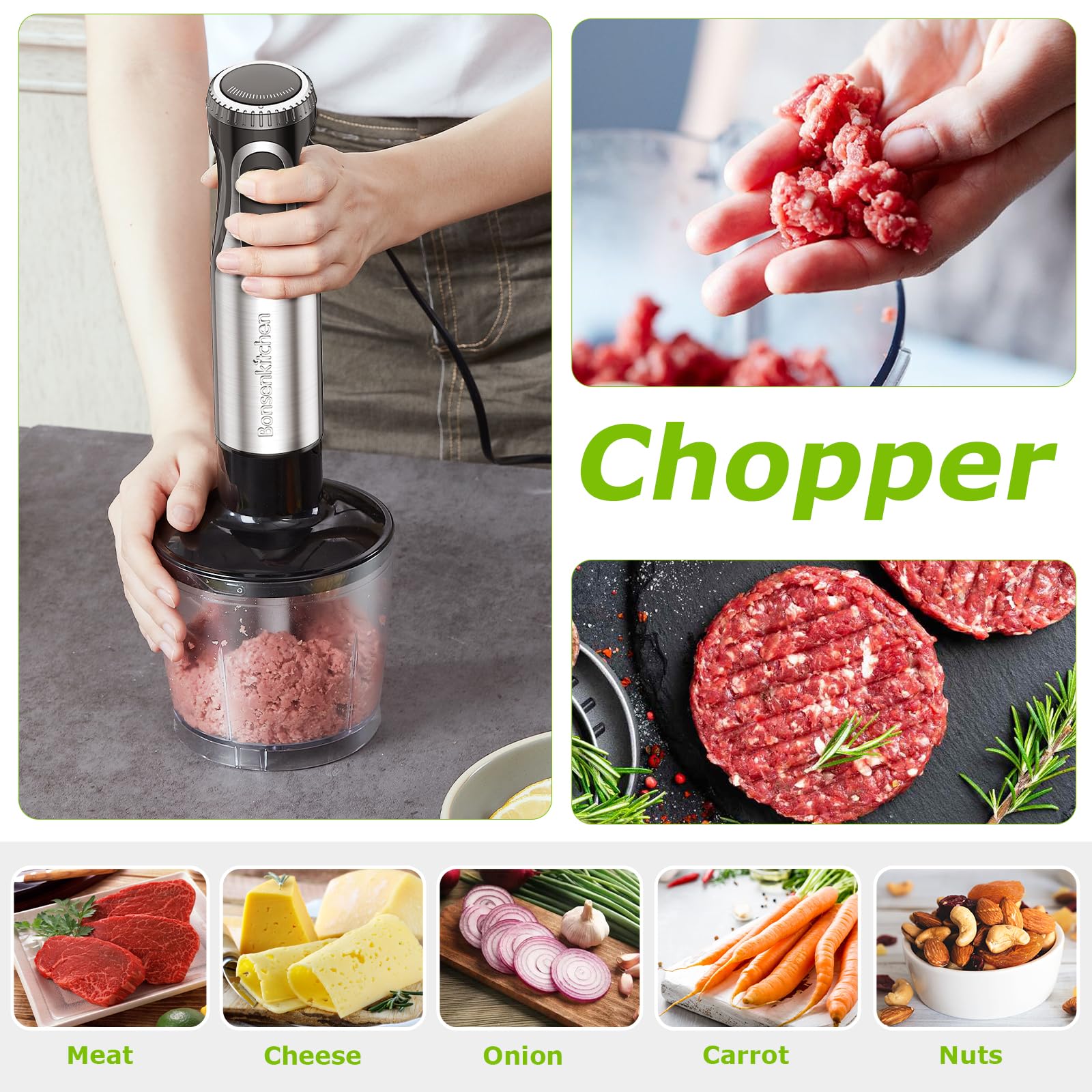 Bonsenkitchen 24 oz beaker and 17 oz chopper bowl for mixed batches.