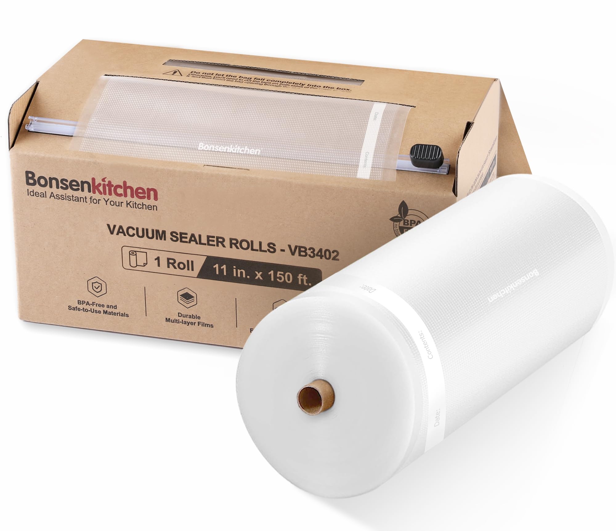 Bonsenkitchen 11x150 roll for customizable bag lengths in meal prep.