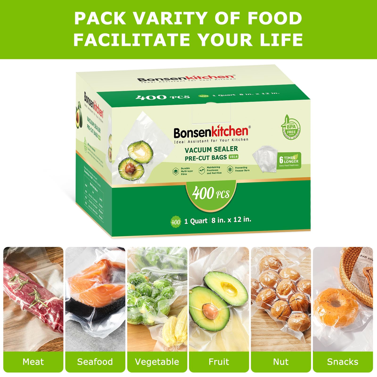 Bonsenkitchen BPA-free vacuum bags ensure safe storage of all foods.