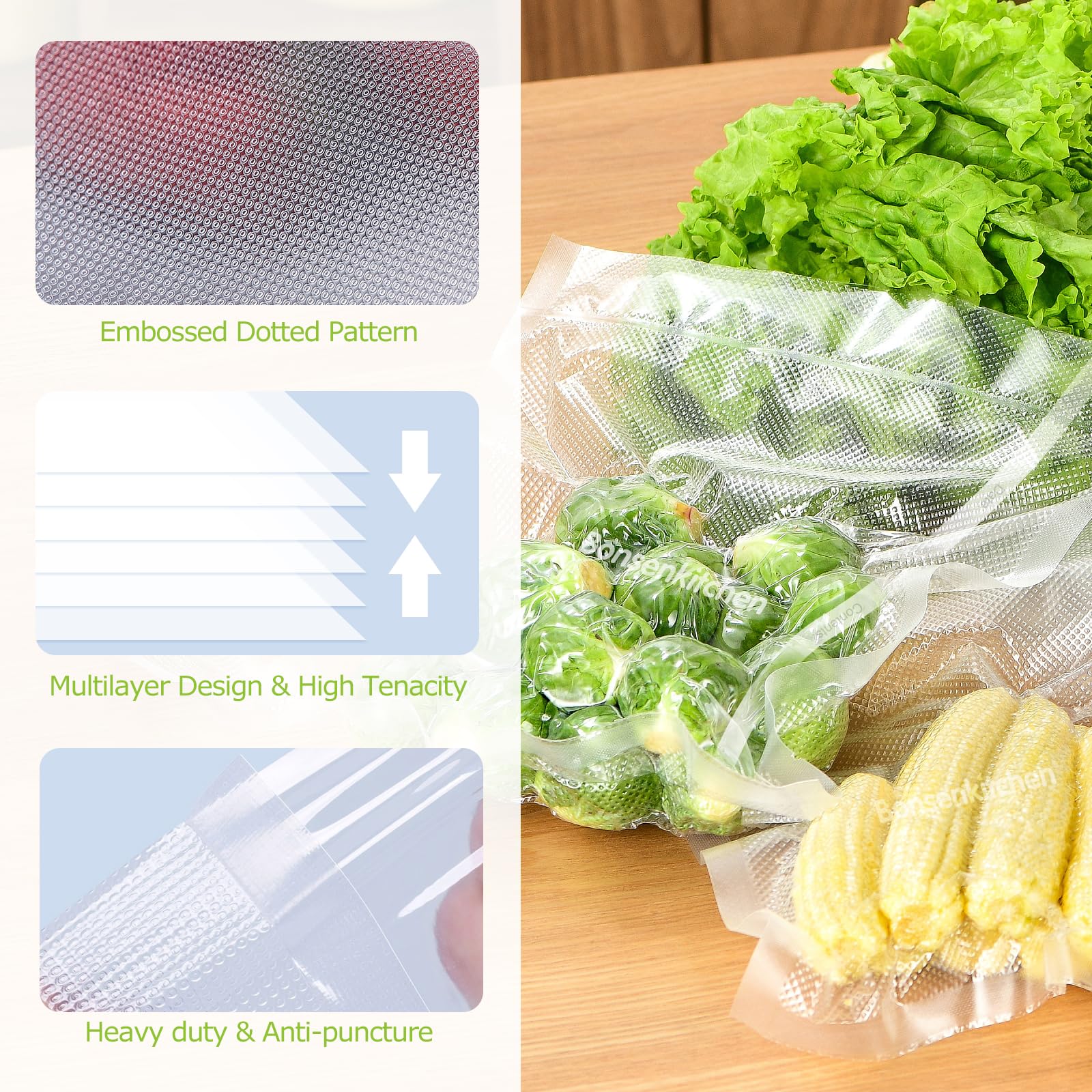 Bonsenkitchen BPA-free bags suitable for microwaving, freezing, and sous vide.