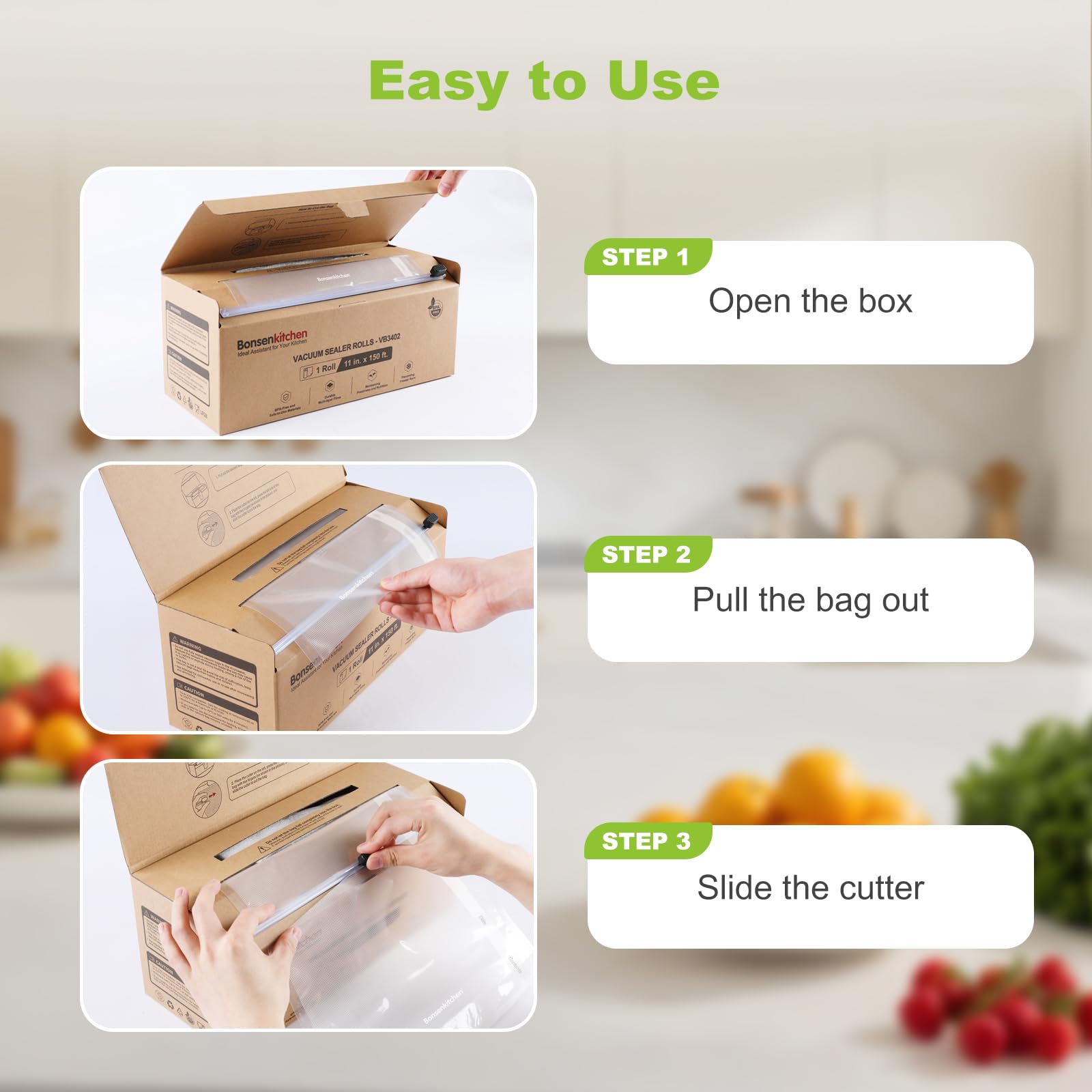 Bonsenkitchen built-in cutter shown for precise bag sizing.