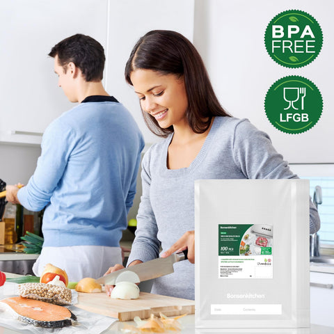 Bonsenkitchen commercial-grade vacuum bags seal tightly to prevent freezer burn.