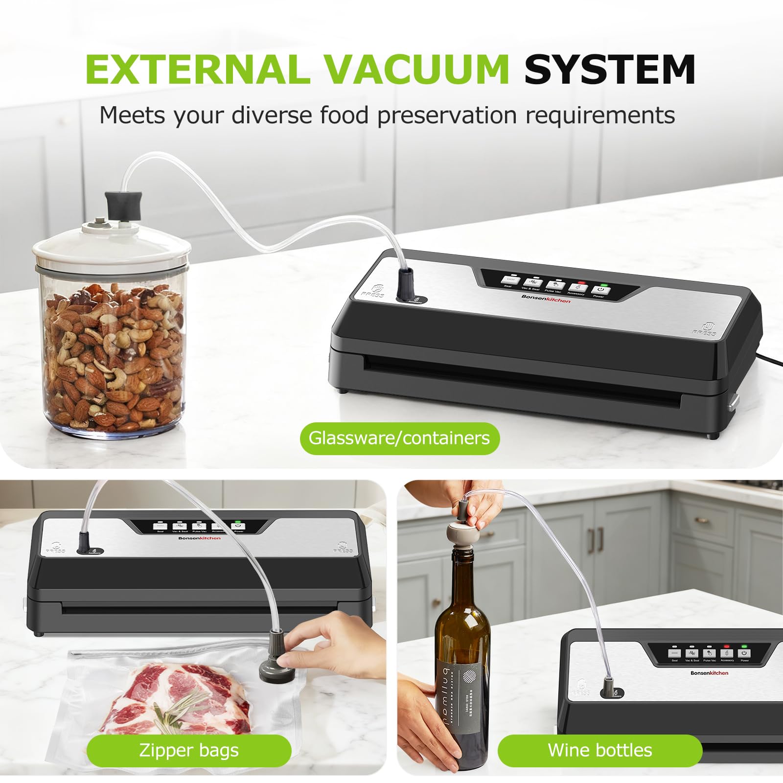 Bonsenkitchen sealer four modes for different foods and tasks.
