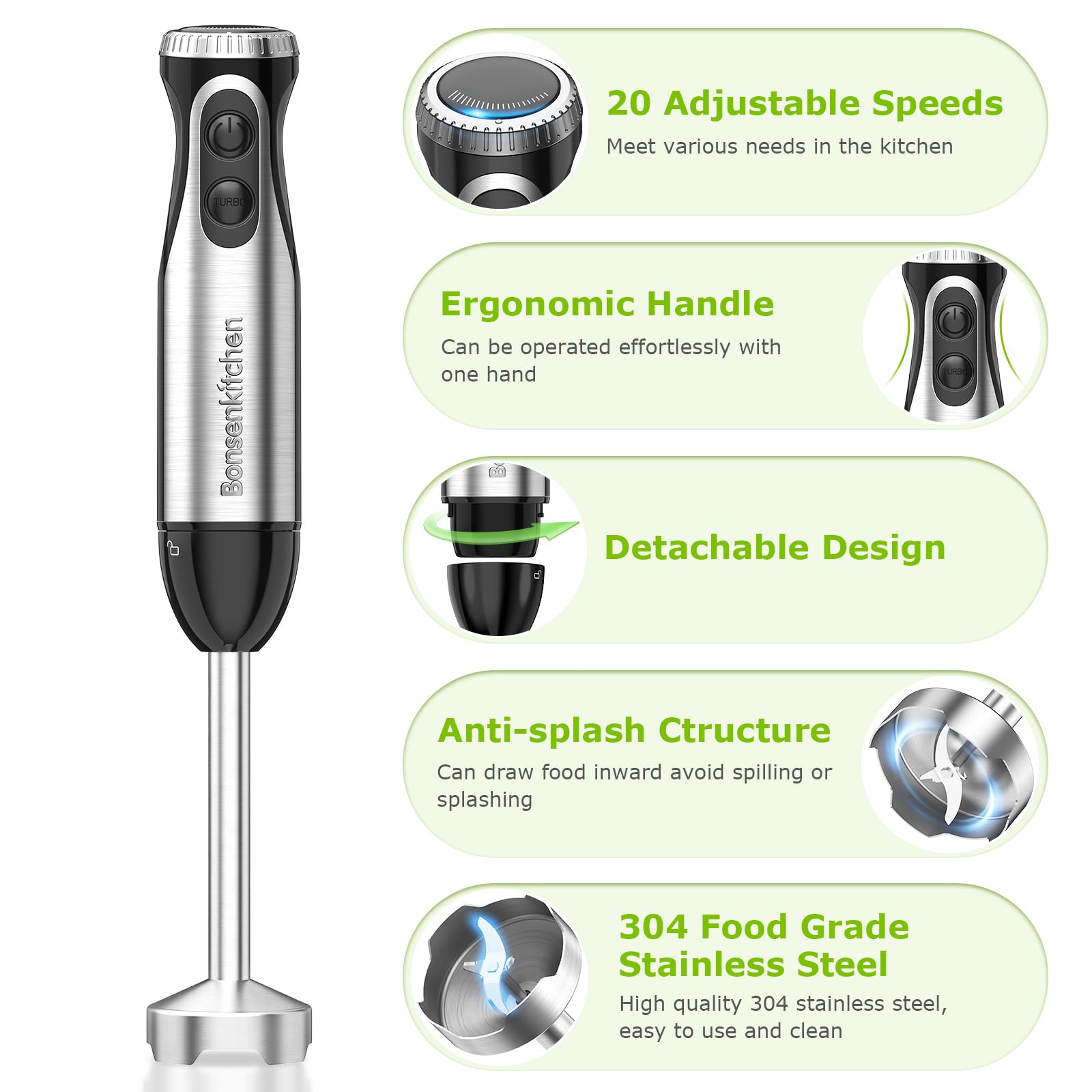Bonsenkitchen immersion blender 20-speed control for precise texture blending