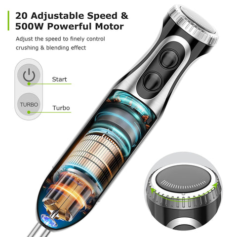 Bonsenkitchen immersion blender with a 500W motor for powerful blending.