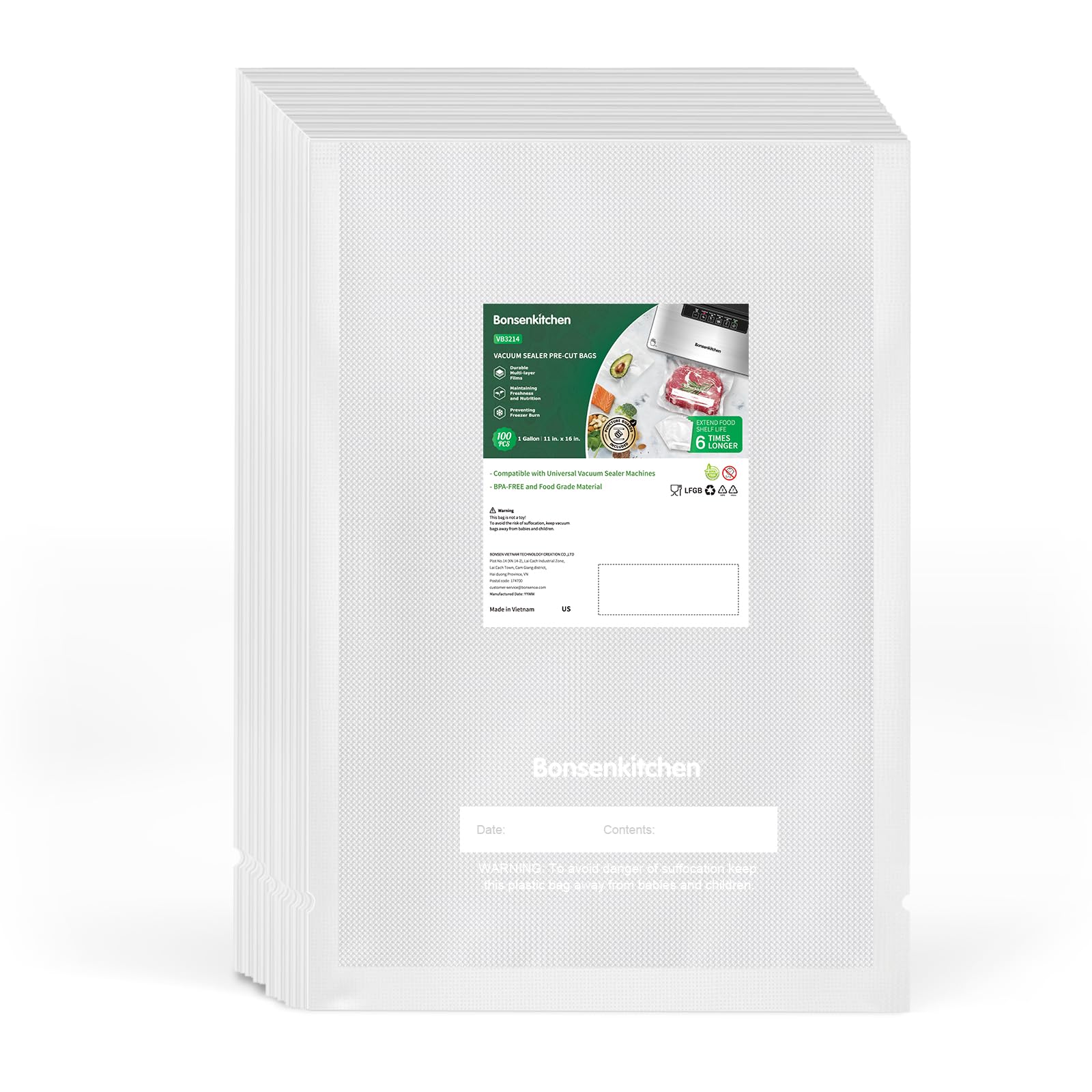 Bonsenkitchen precut vacuum bags in 11x16 for bulk storage.