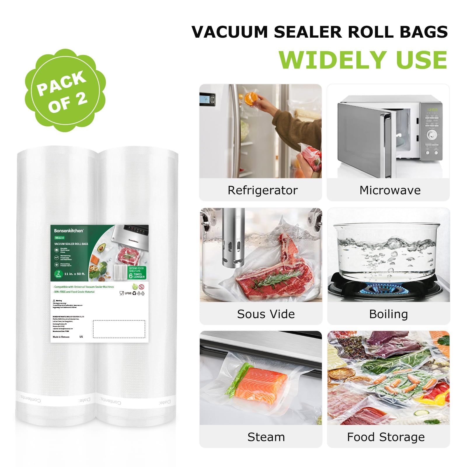 Bonsenkitchen bags support sous vide cooking up to 195°F.