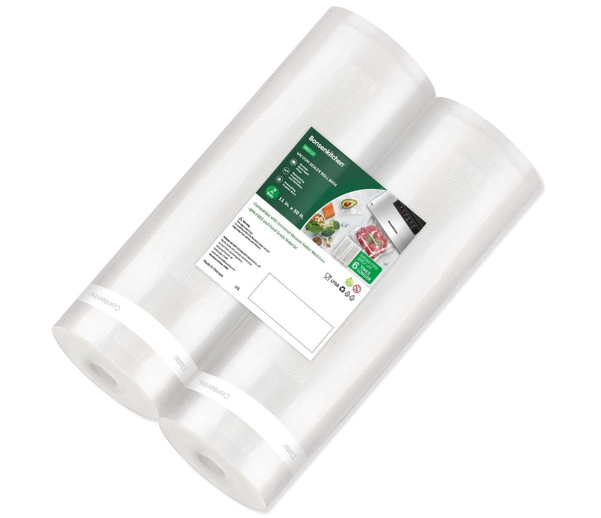 Bonsenkitchen vacuum sealer roll in 11x50 ft size for flexible, customized storage.