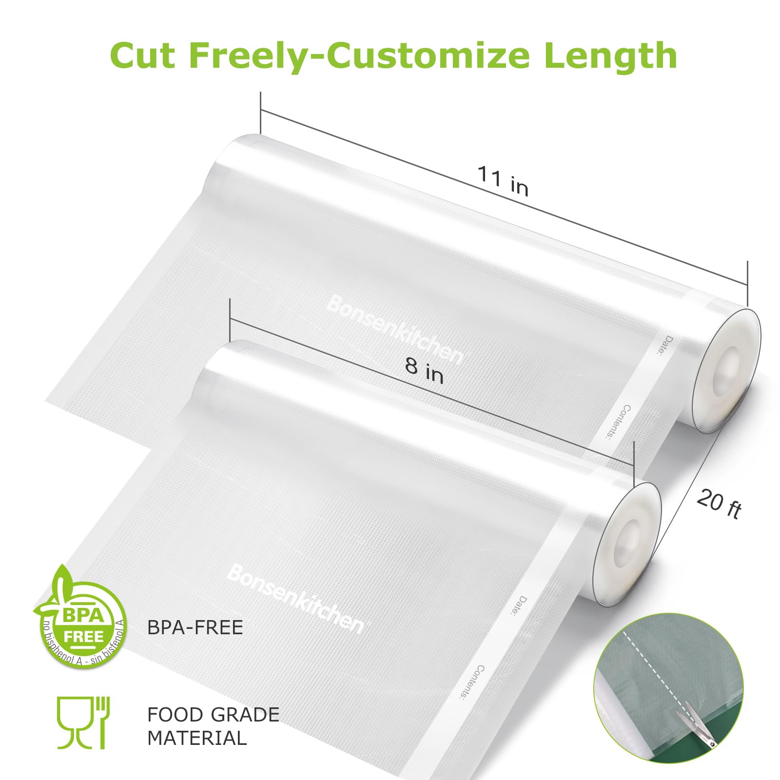 Bonsenkitchen 8x20 vacuum roll demonstrates compact portioning for freezer meals