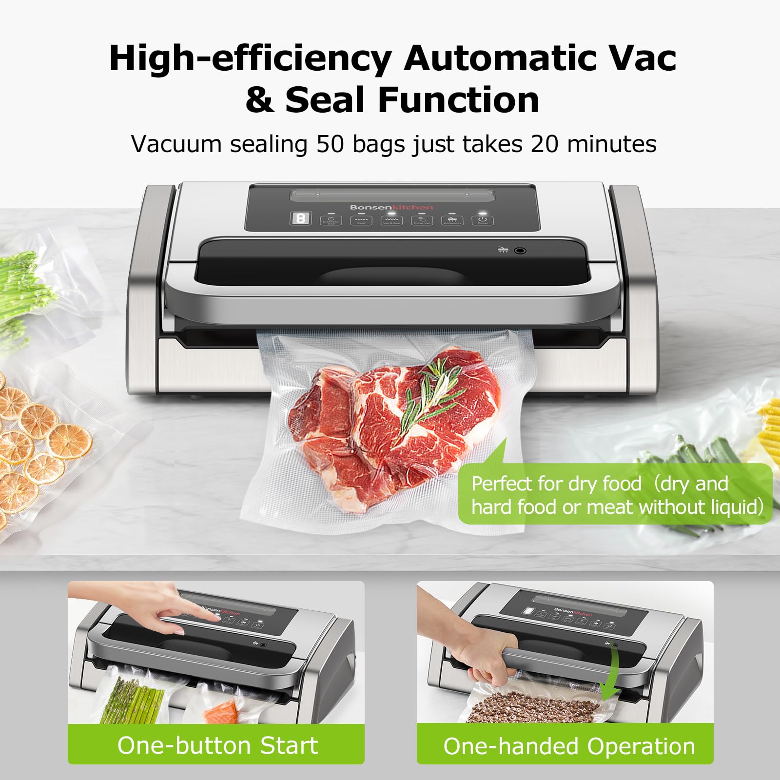 Bonsenkitchen vacuum sealer globefish technology close-up highlights strong air removal and uniform seals.