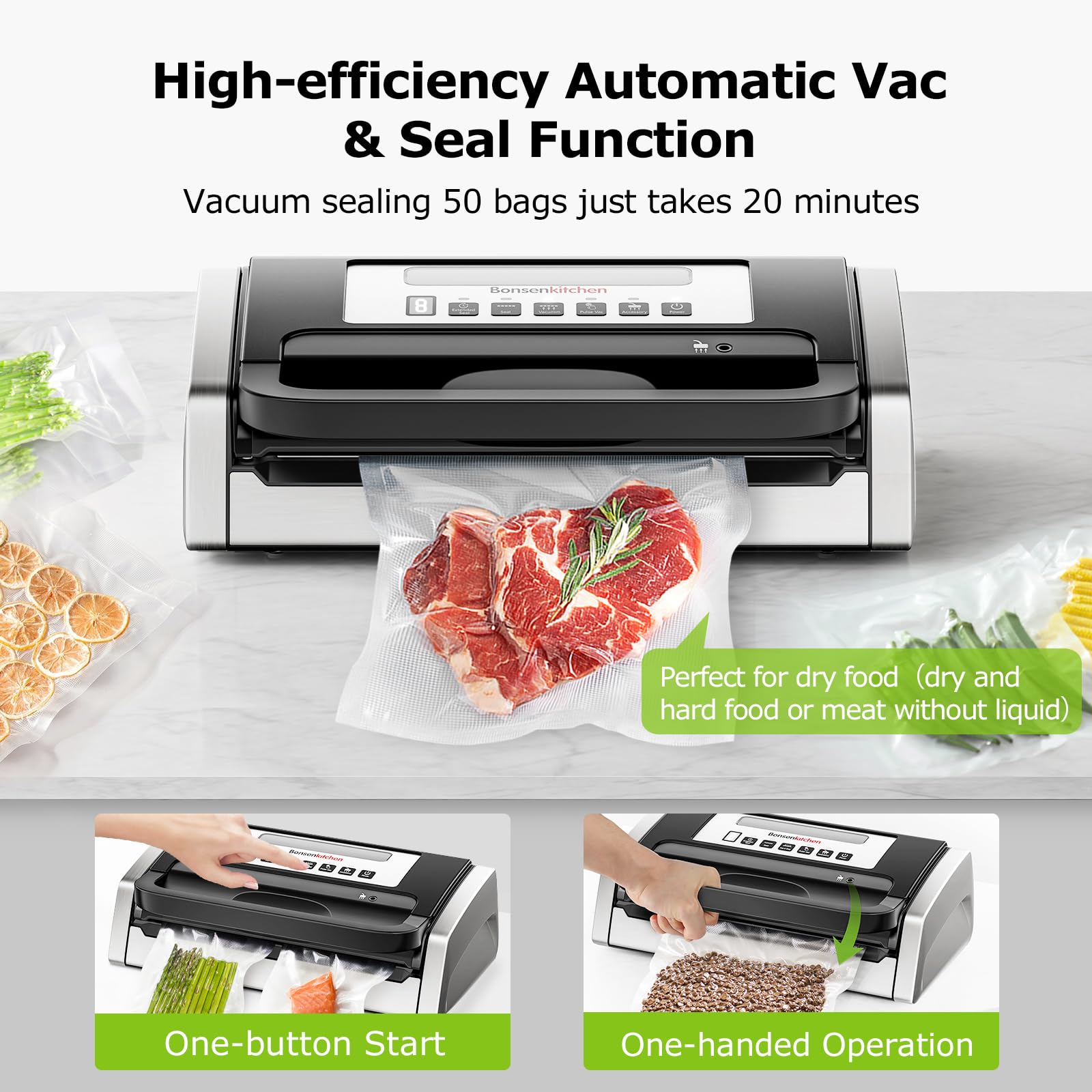 Bonsenkitchen sealer with built-in handle and cutter for quick, one-handed operation