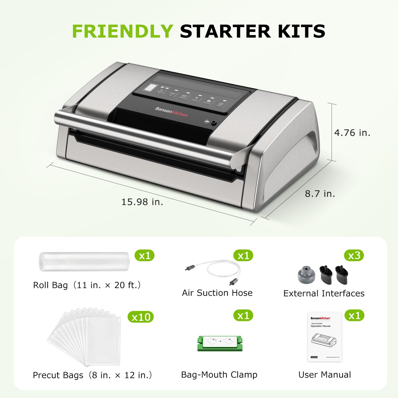 Bonsenkitchen vacuum sealer ideal for meat, seafood, produce, and nuts