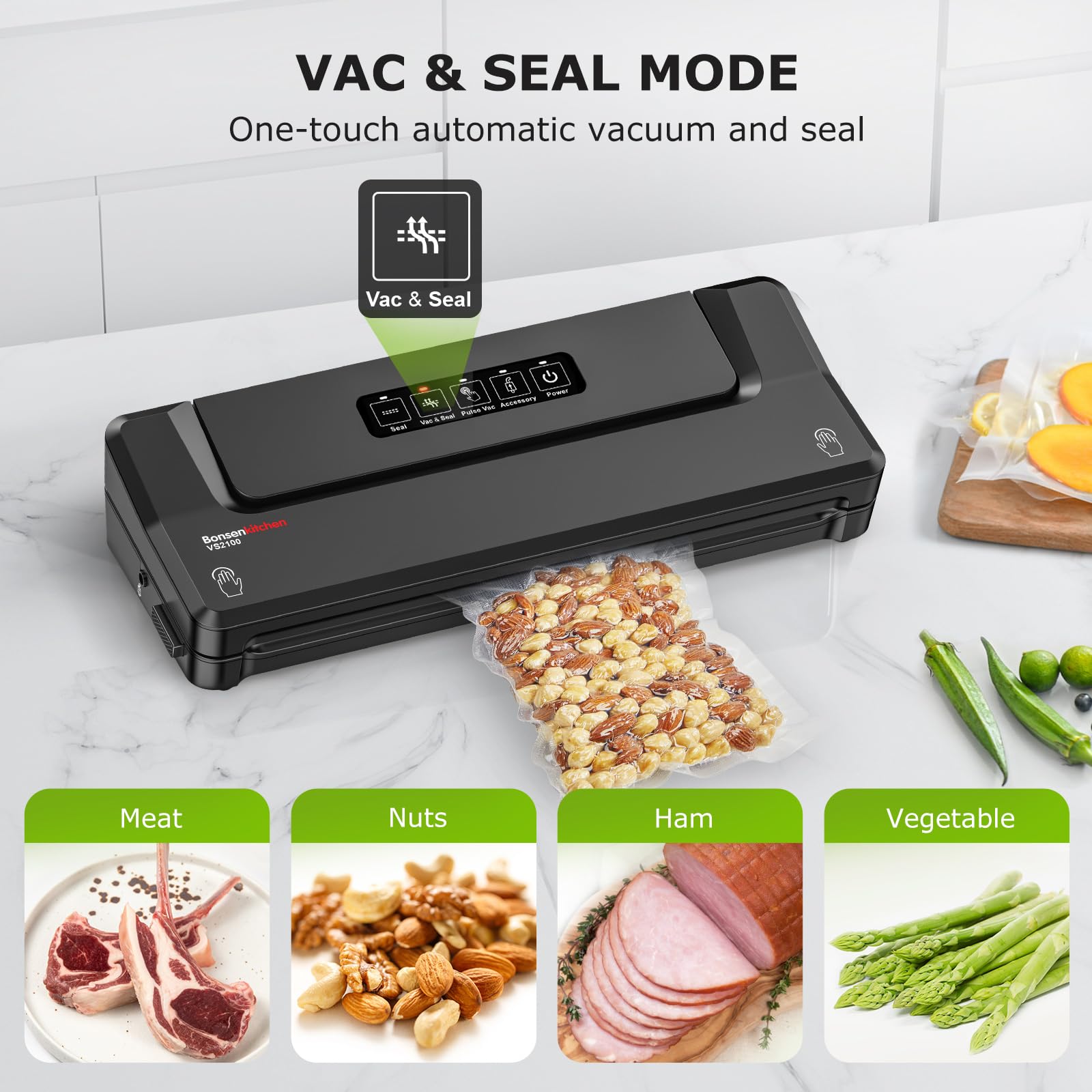 Bonsenkitchen vacuum sealer in Pulse Vac mode for delicate items