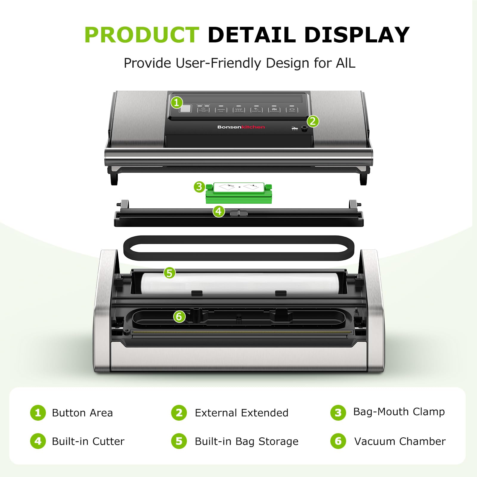 Bonsenkitchen vacuum sealer ultra-quiet operation enables one-handed use