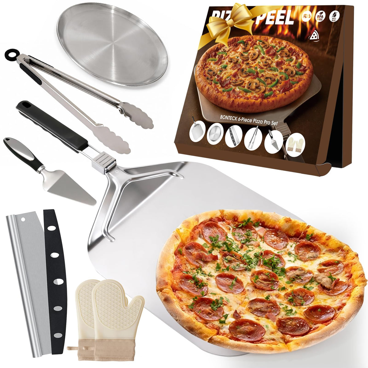 Bonteck pizza peel with foldable handle for compact storage and safe handling.