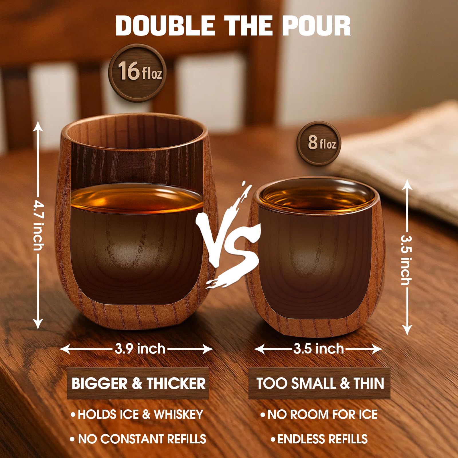 Bonteck wooden bourbon glass close-up grain emphasizes durable craftsmanship and natural finish.