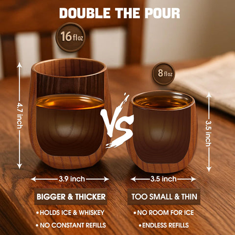 Bonteck wooden bourbon glass close-up grain emphasizes durable craftsmanship and natural finish.