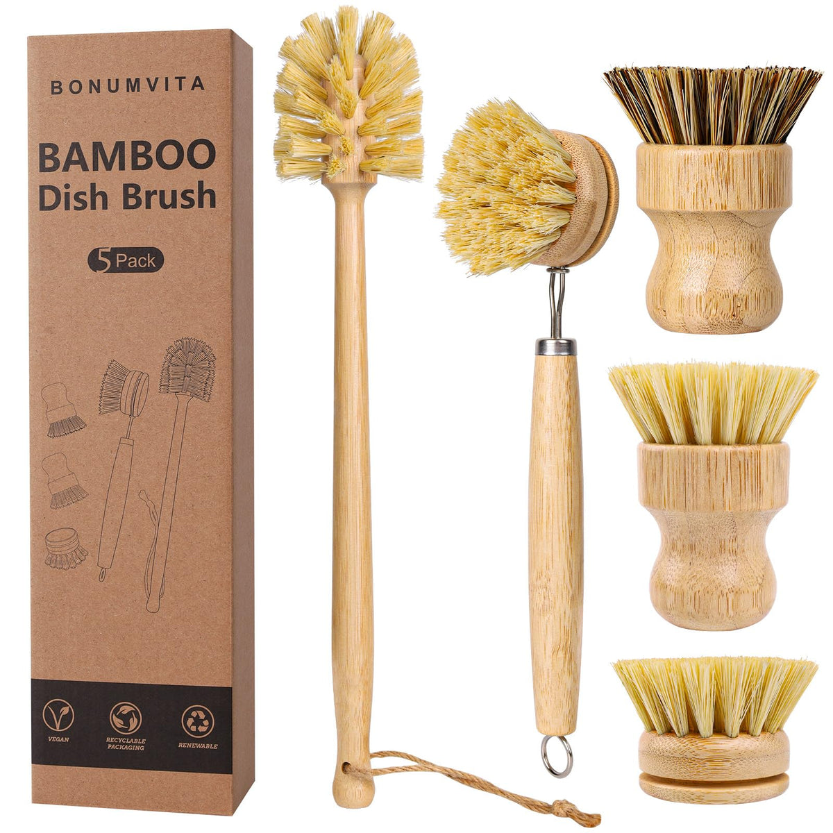 BonumVita 5pack bamboo dish brush set for versatile kitchen scrubbing of dishes and pots