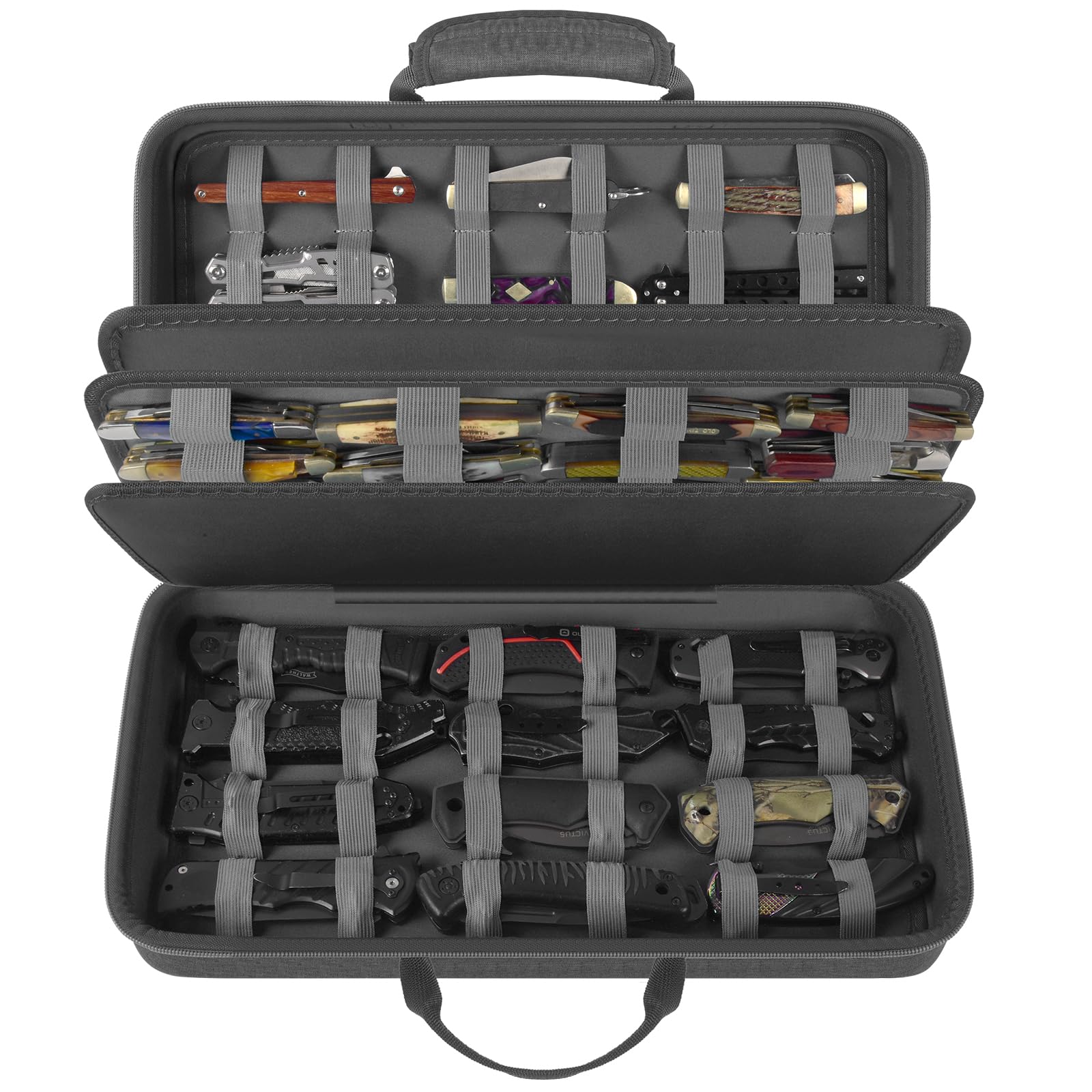 Boobowl knife display case front view showing four-sided organization for knives.