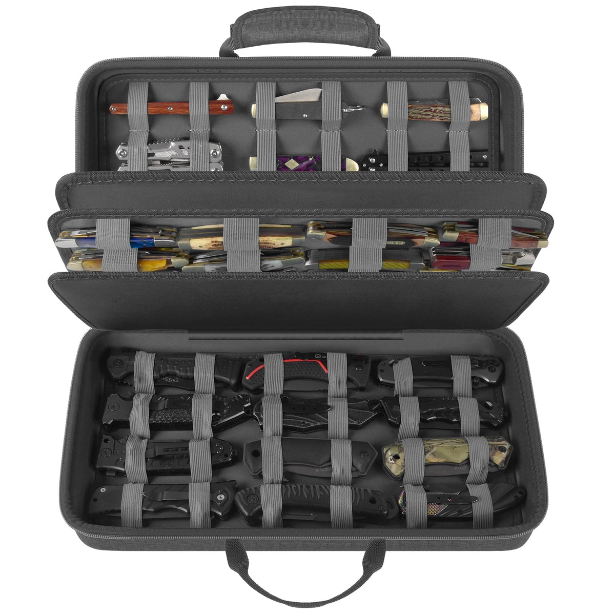 Boobowl knife display case front view showing four-sided organization for knives.