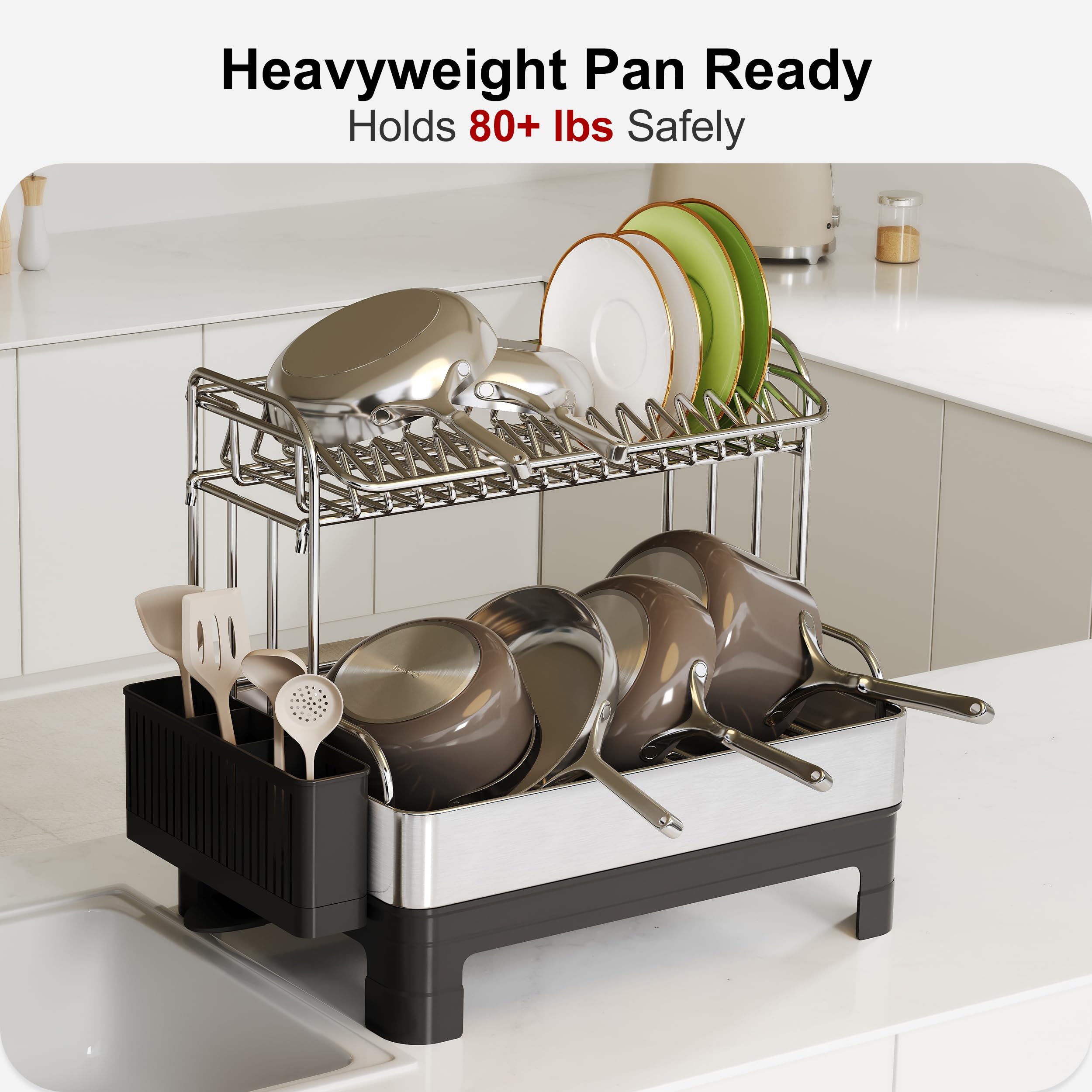 Boosiny heavy-duty pan-ready rack demonstrates capability to hold cast iron pans.