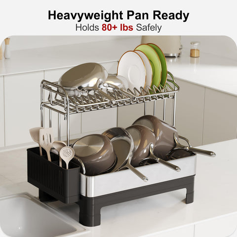 Boosiny heavy-duty pan-ready rack demonstrates capability to hold cast iron pans.