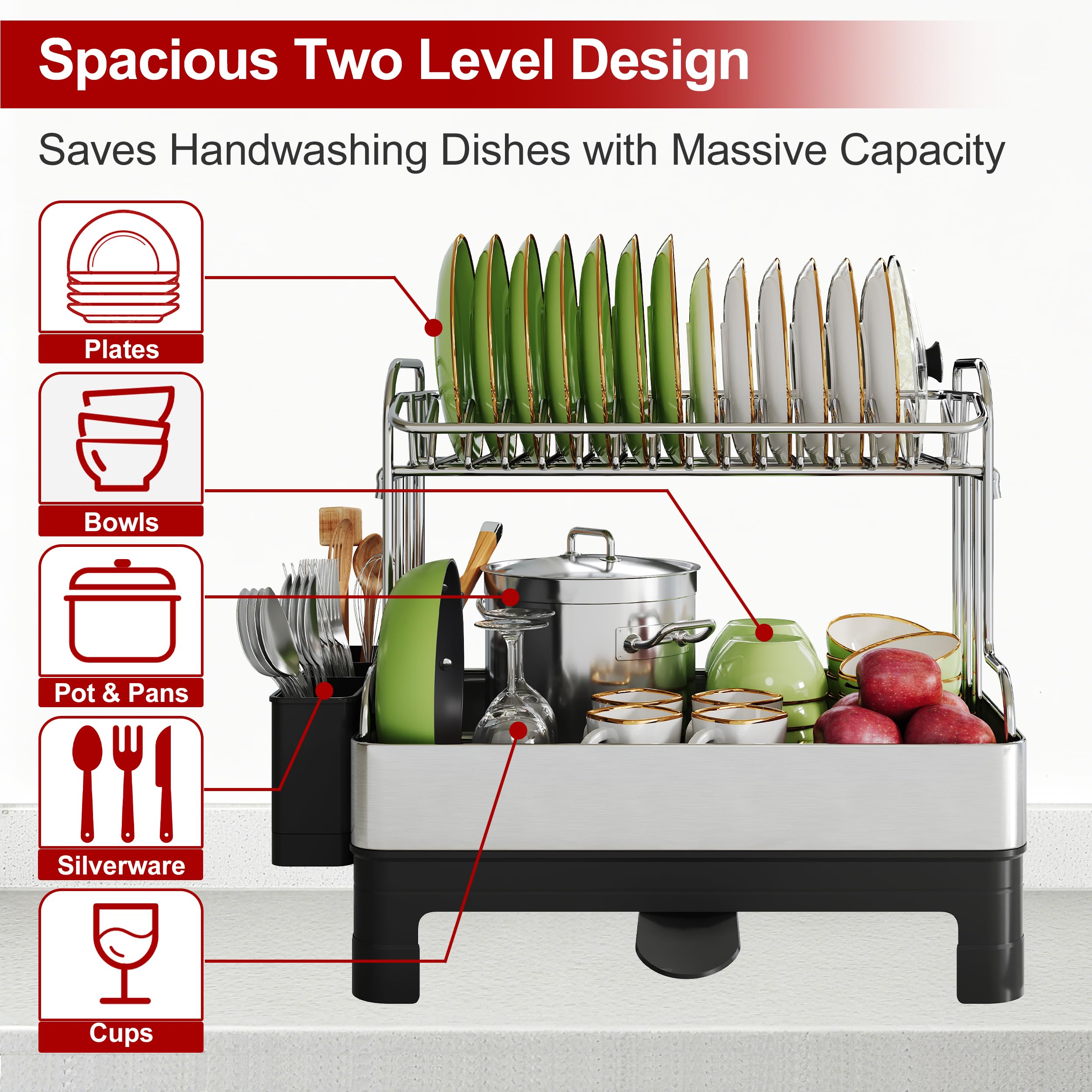 Boosiny two-tier dish drying rack with drainboard angled view guiding water to sink.