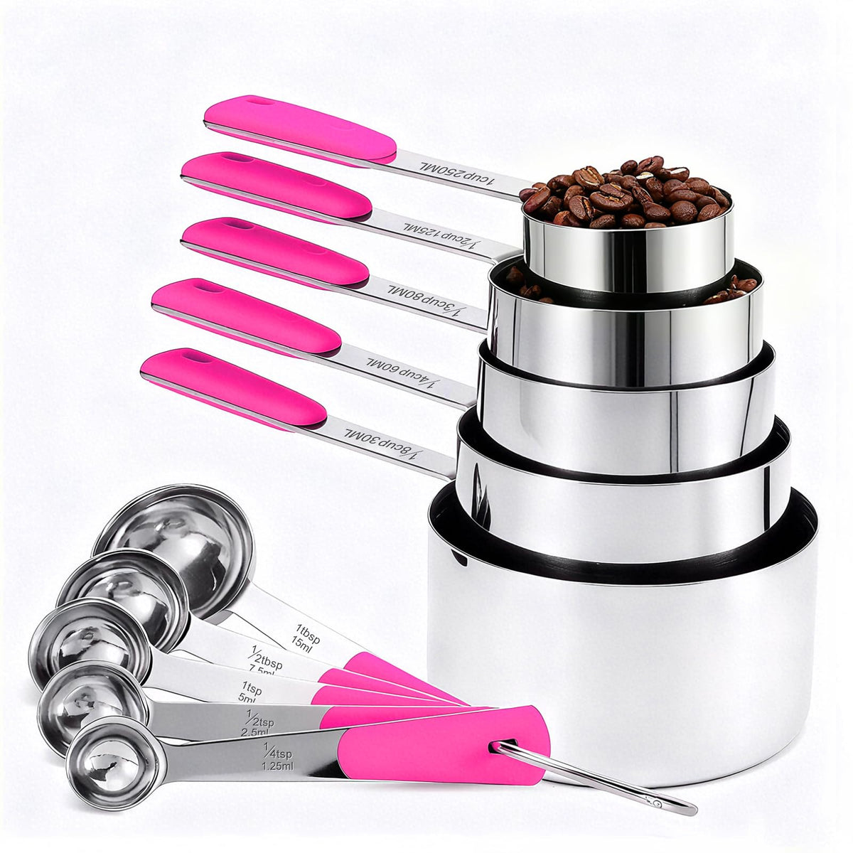 Bopei 10-piece stainless steel measuring set with pink handles for precise cooking