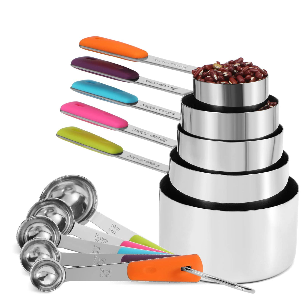 Bopei measuring cups set with colorful handles for quick, accurate kitchen measurements.