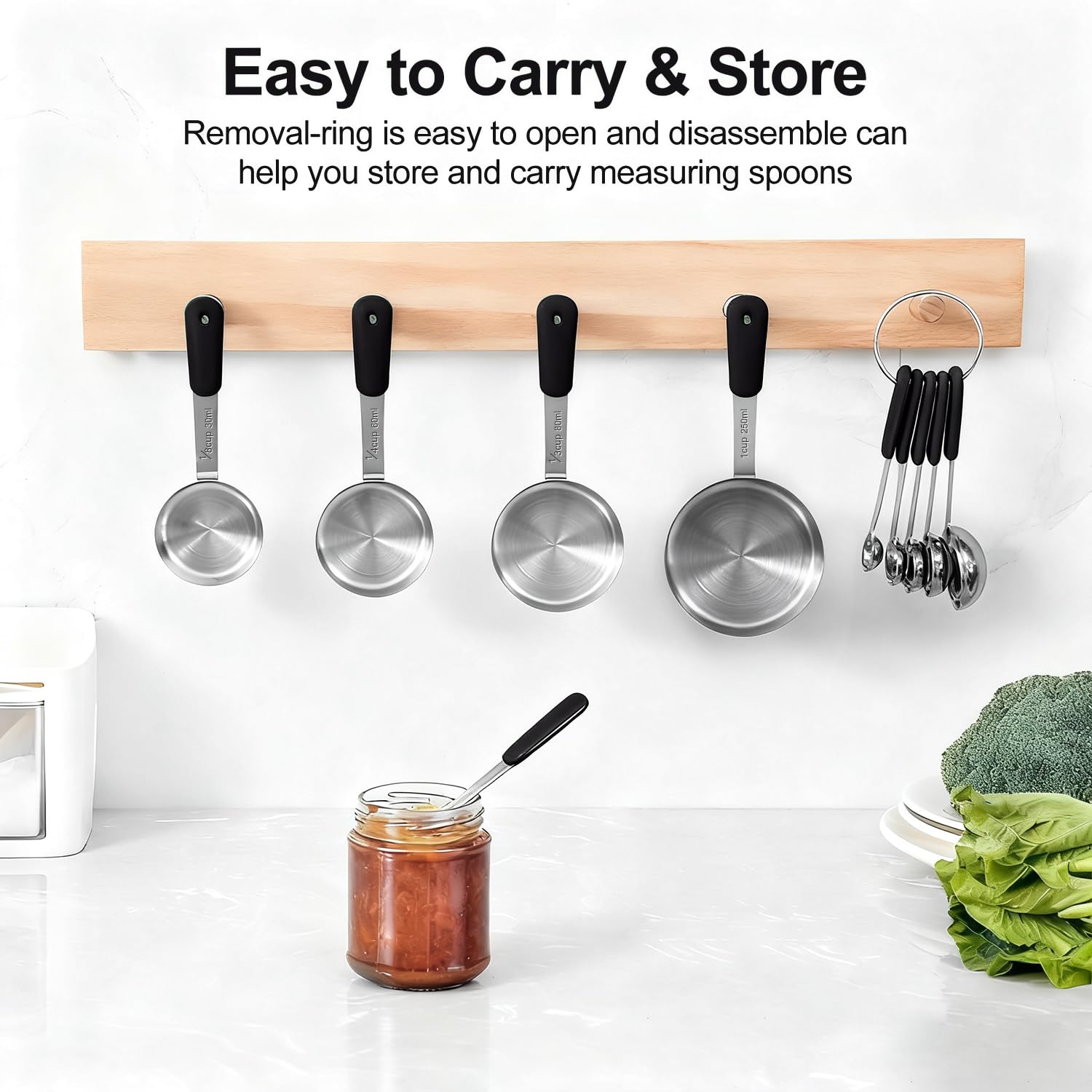 Bopei measuring cups set with one-third cup to save kitchen space when stacked.