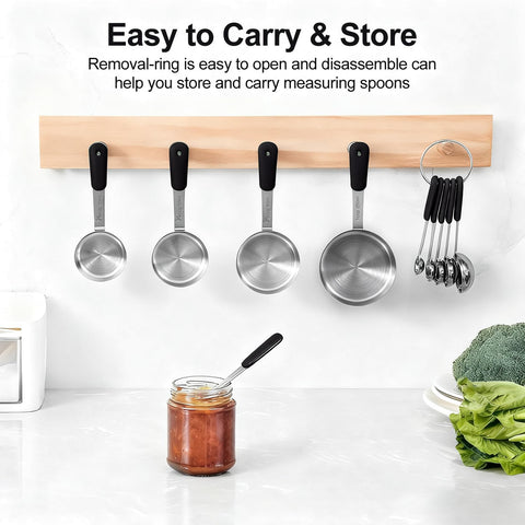 Bopei measuring cups set with one-third cup to save kitchen space when stacked.