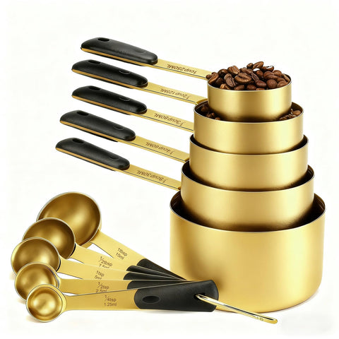 Bopei gold-plated measuring cups and spoons for precise culinary portions.