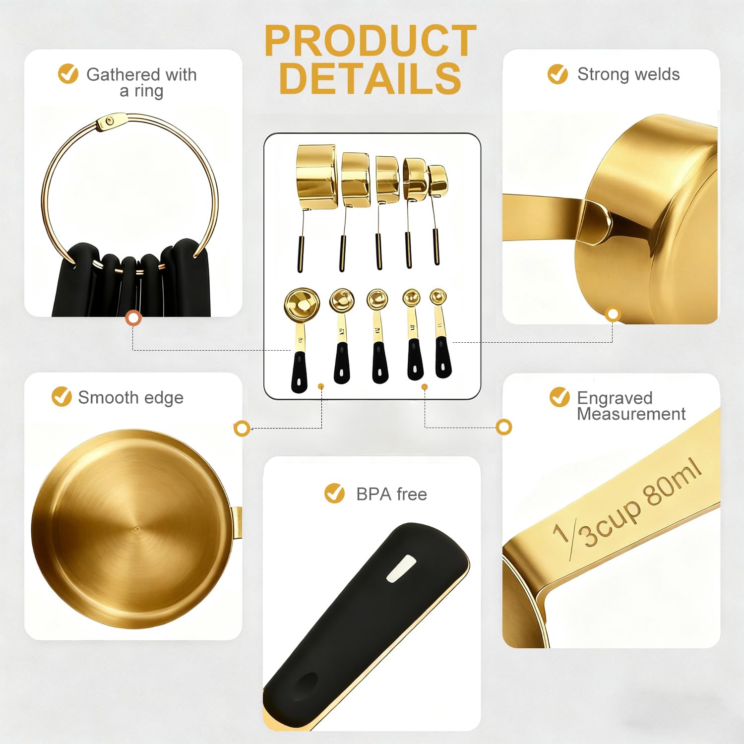 Bopei 1 tbsp spoon with gold finish for accurate scooping.