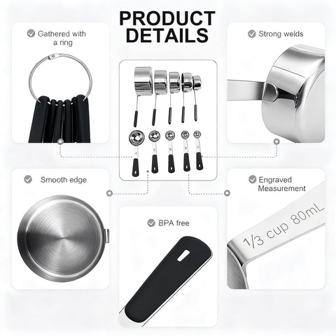 Bopei measuring spoons set with half teaspoon and engraved measurements for accuracy.