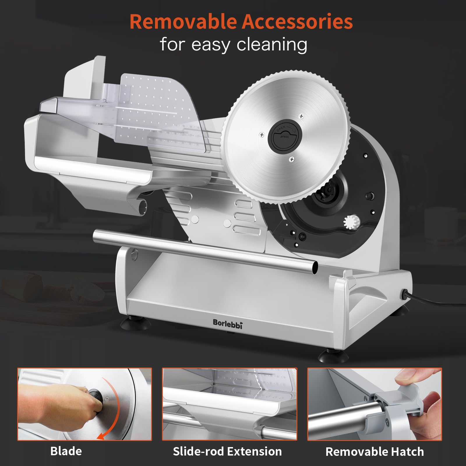 Safety features on Borlebbi slicer including blade cover and non-slip feet
