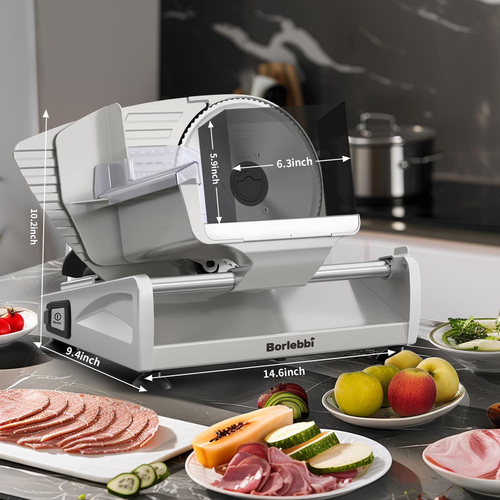 Borlebbi Meat Slicer with stainless tray for mess-free prep