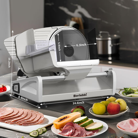 Borlebbi Meat Slicer with stainless tray for mess-free prep