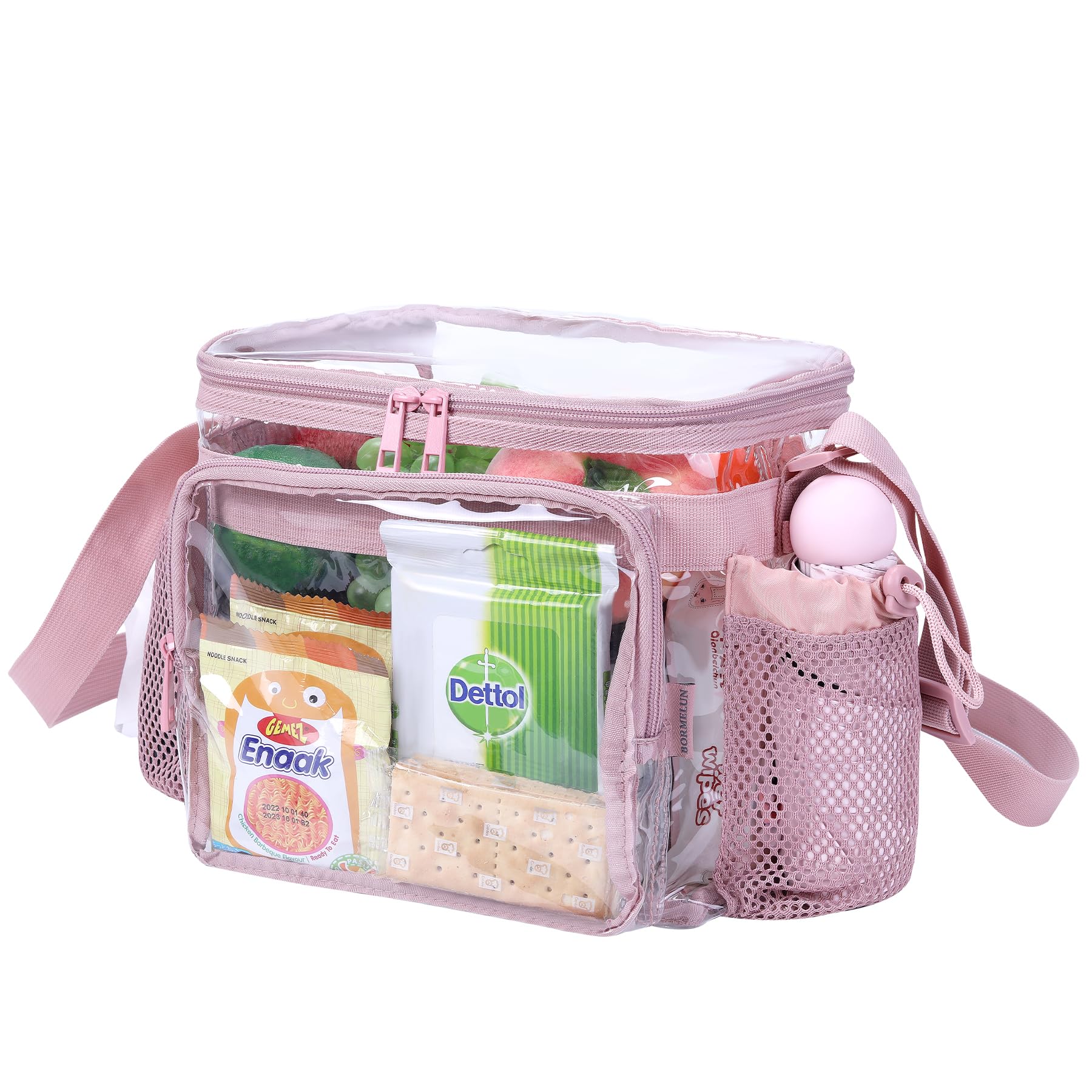 BORMELUN pink side-pocket view, extra mesh pocket for utensils or water bottle
