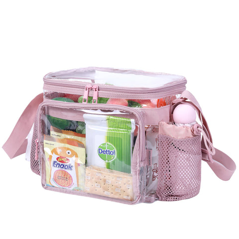 BORMELUN pink side-pocket view, extra mesh pocket for utensils or water bottle