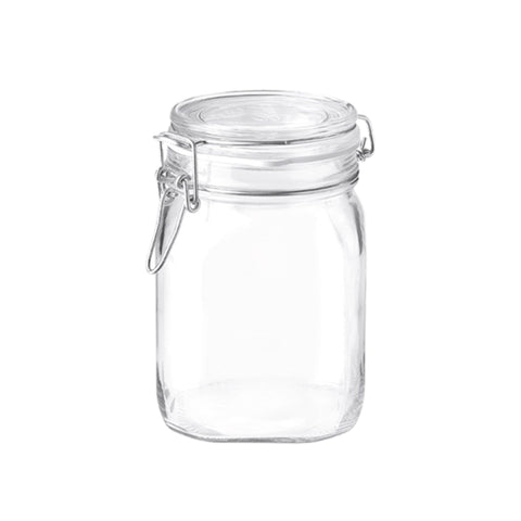 Bormioli Rocco clear glass jar with wide mouth for easy filling and quick access