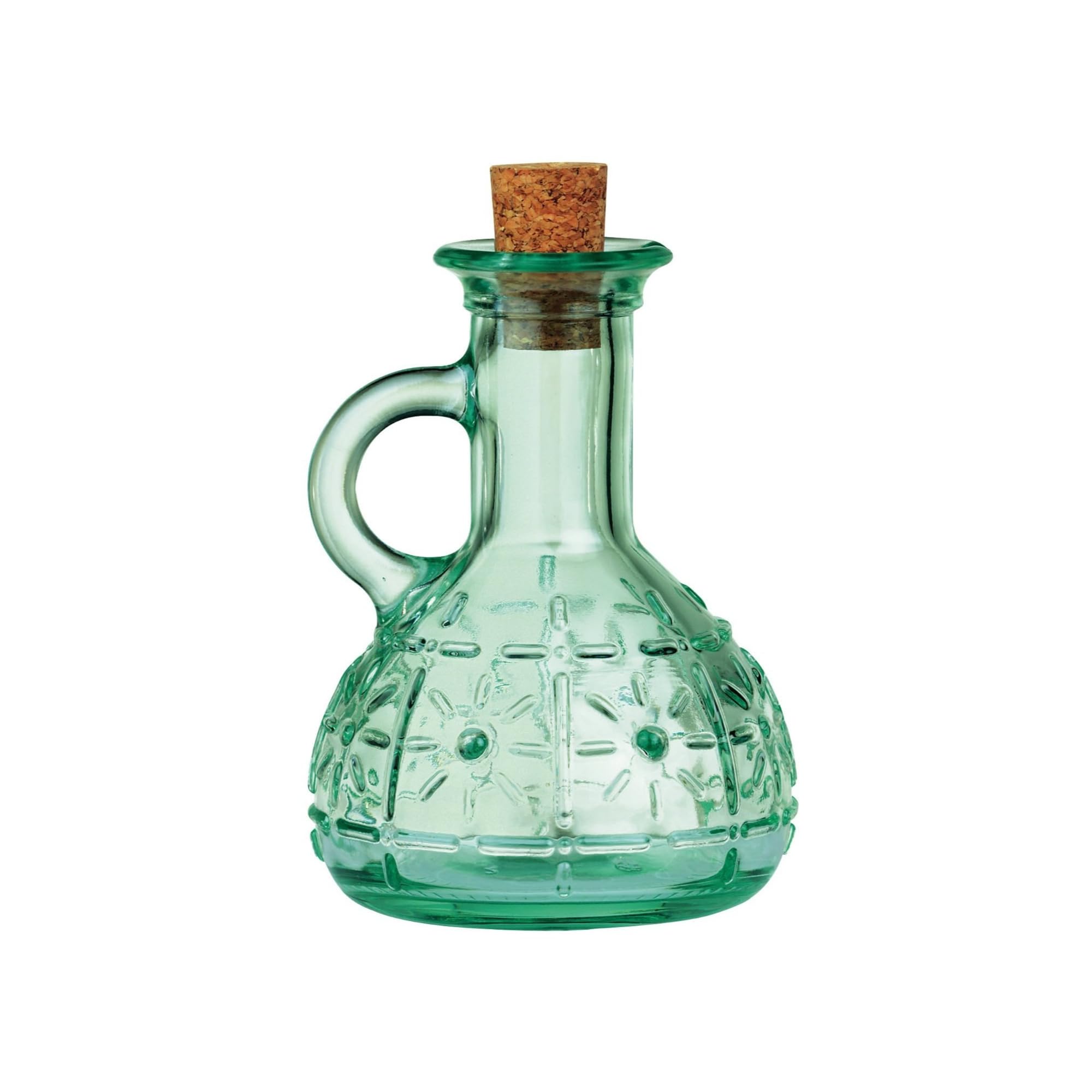 Bormioli Rocco Olivia oil cruet front view with blue-green glass for easy pouring.