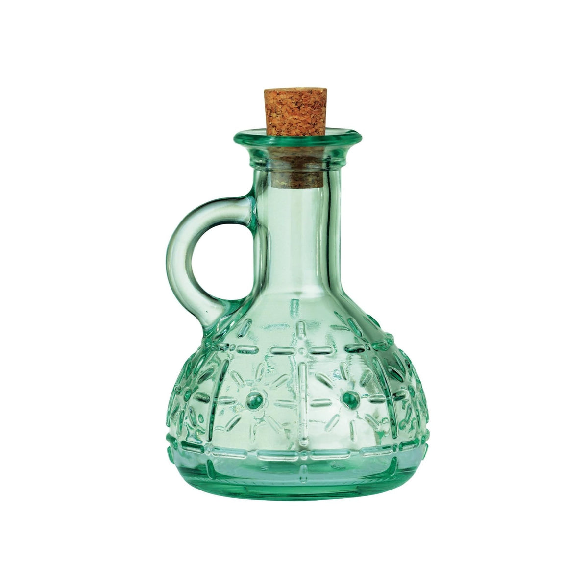 Bormioli Rocco Olivia oil cruet front view with blue-green glass for easy pouring.