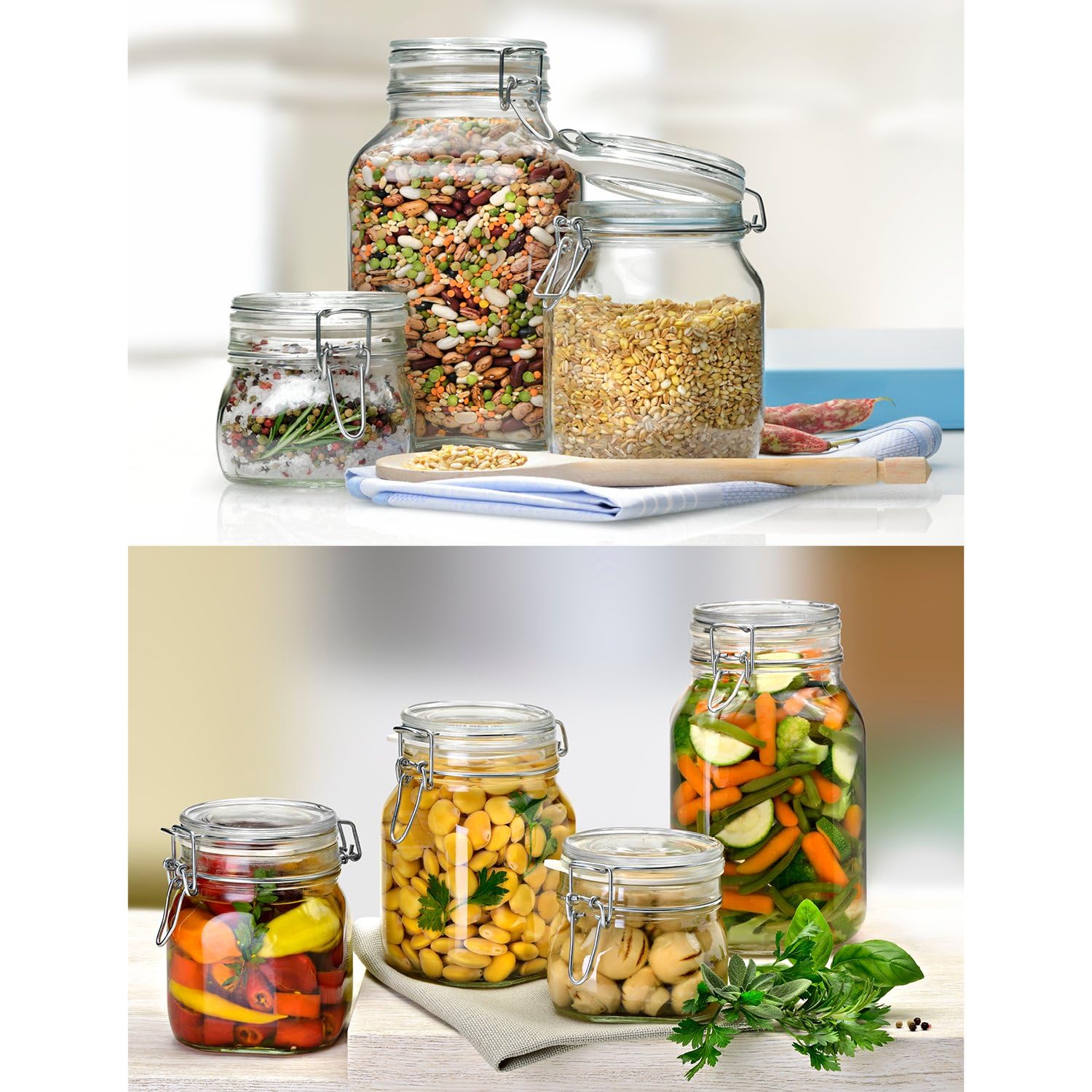 Bormioli Rocco Fido clear glass jar on a stylish kitchen shelf.