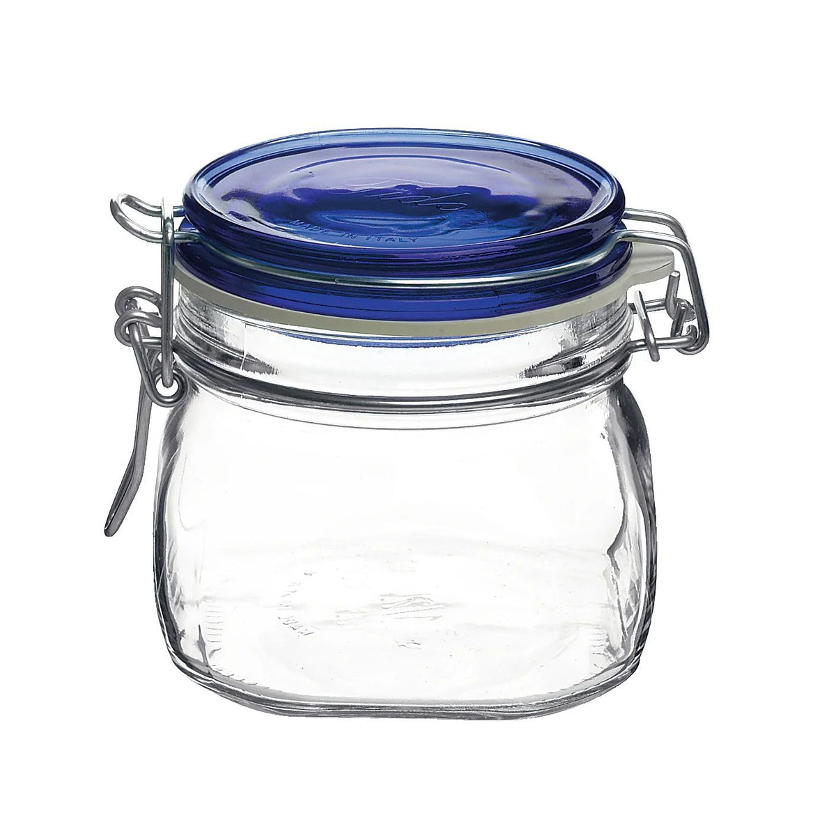 Bormioli Rocco Fido jar with blue lid, 17.5 oz, ideal for pantry storage.