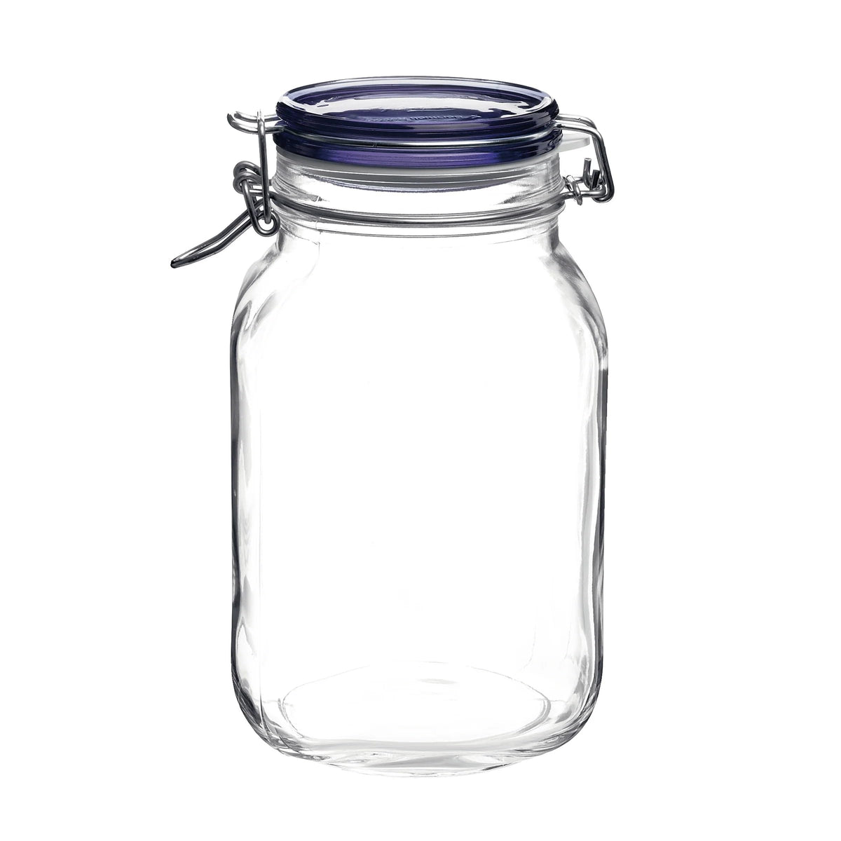 Bormioli Rocco Fido square jar with blue lid for pantry storage.